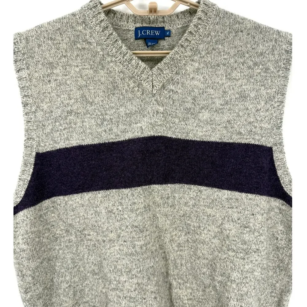 J. Crew Vintage Mens 100% Wool Sweater Vest Gray Purple Stripe Size XL